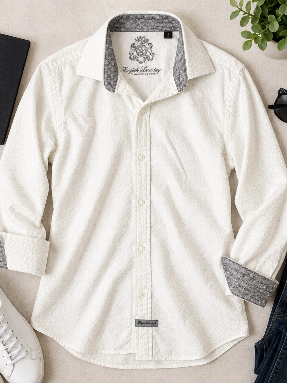 English Laundry Men’s White Textured Button-Down Dress Shirt 17 34/35